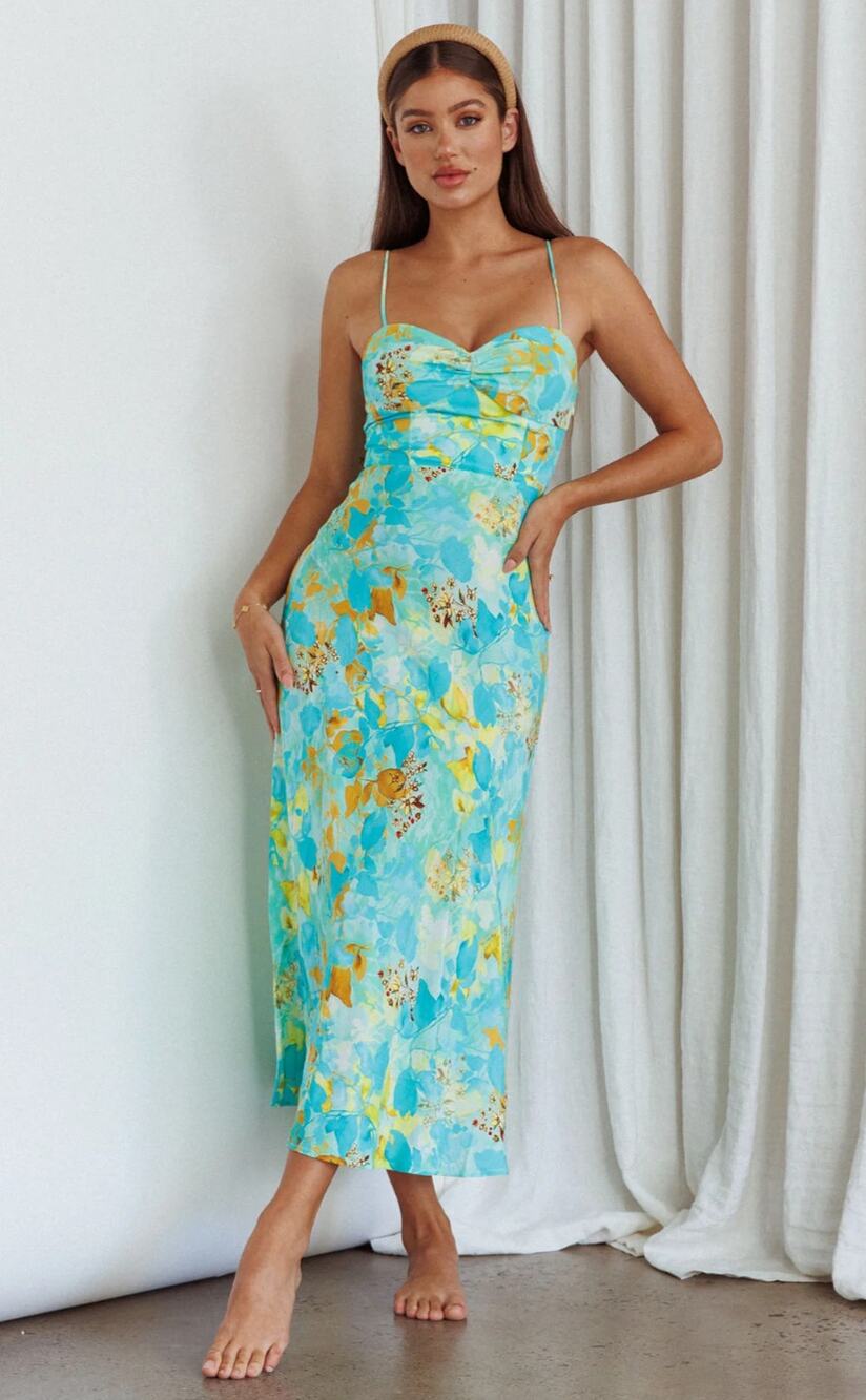 NWT Here Comes the Sun Golden Sands Cami Strap Maxi Dress Floral Teal Size Large